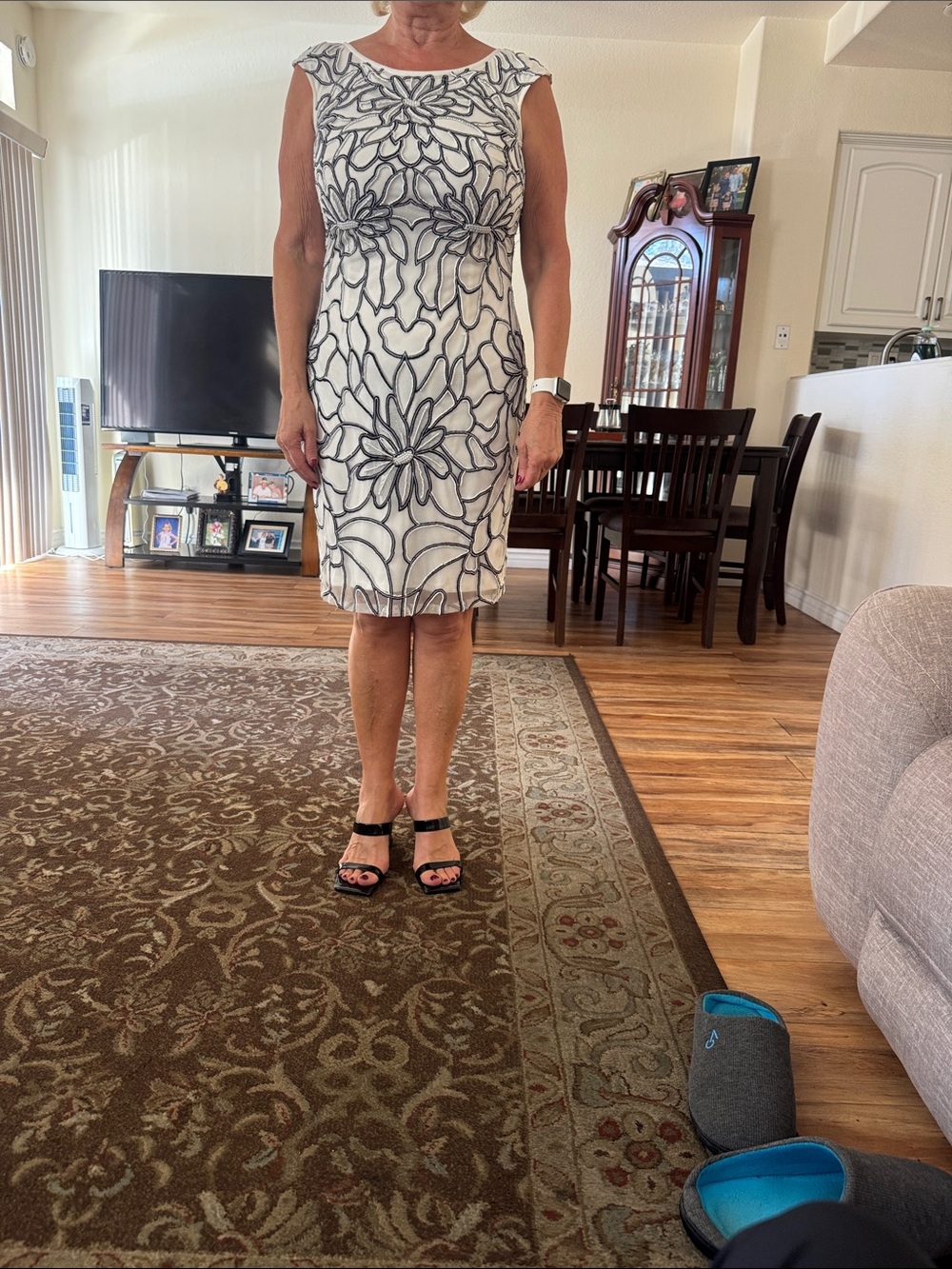 Adrianna Papell White Dress with Black Floral Outline